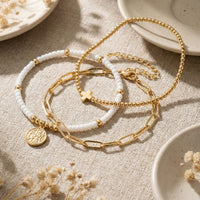 Bracelet Multi-Rangs Perles & Charm Cœur Doré — Style Romantique