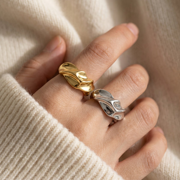 Bague Sculptée Ouverte — Or & Argent | Design Liquide Ajustable
